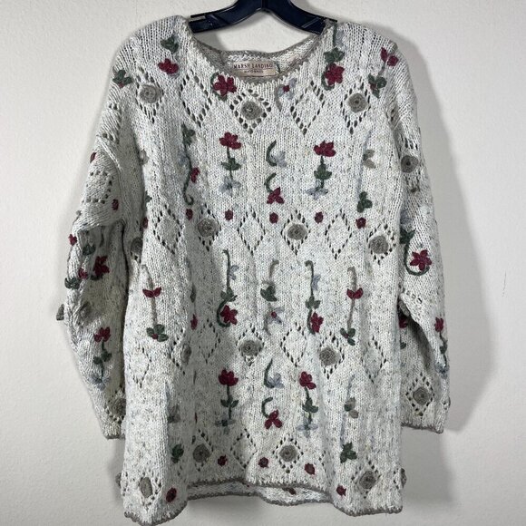 Marsh Landing Hand Knit Floral Ivory Wool Blend Sweater S Oversized! - Picture 1 of 6